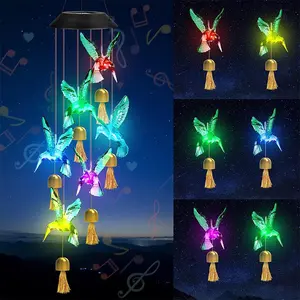 Outdoor Solar Wind Chime Metal Bell, LED Hummingbird Eva Ball Wind Chime Garden Light Decor, Halloween Christmas Patio Outdoor Color Changing Ambiance Decoration, Garden Accessories, Outdoor Wind Chimes