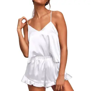 Women's 2-Piece Basic Lightweight Silk Satin Ruffled Sleeveless Pajama Set - Spaghetti Strap High-Waisted Cami, Shorts, Multi-Size Minimalist Loungewear Lingerie