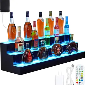 【GARVEE】LED Lighted Liquor Bottle Display Shelf 2 Steps 30 Inches Liquor Shelf With RF Remote & App Control Acrylic Drink Shelves Multicolor Lighting Bar Shelves for Liquor Bottle Alcohol Display Shelf Stand