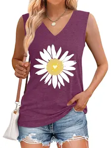 floral Graphic Printed Women's V-Neck Sleeveless Tank Shirts Top, Casual Plain Design, Chic, Comfortable Fabric, Perfect for Daily Wear, Versatile Fashion Choice