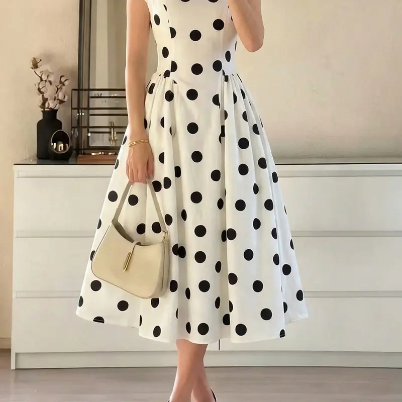 Women's Casual Polka Dot Long Dress Sleeves for Spring & Summer, Elegant Feminine French Vintage Style, Perfect for Weddings, Dates & Picnics
