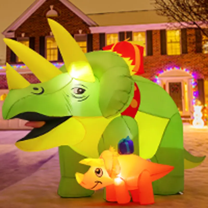 GOOSH 7.5 FT Length Christmas Inflatables Green Triceratops Dinosaur with Baby Dino Carry Gift Box, Blow Up Yard Decorations with Built-in LED Lights for Garden Lawn Outdoor Yard Xmas Winter Holiday  Ornaments