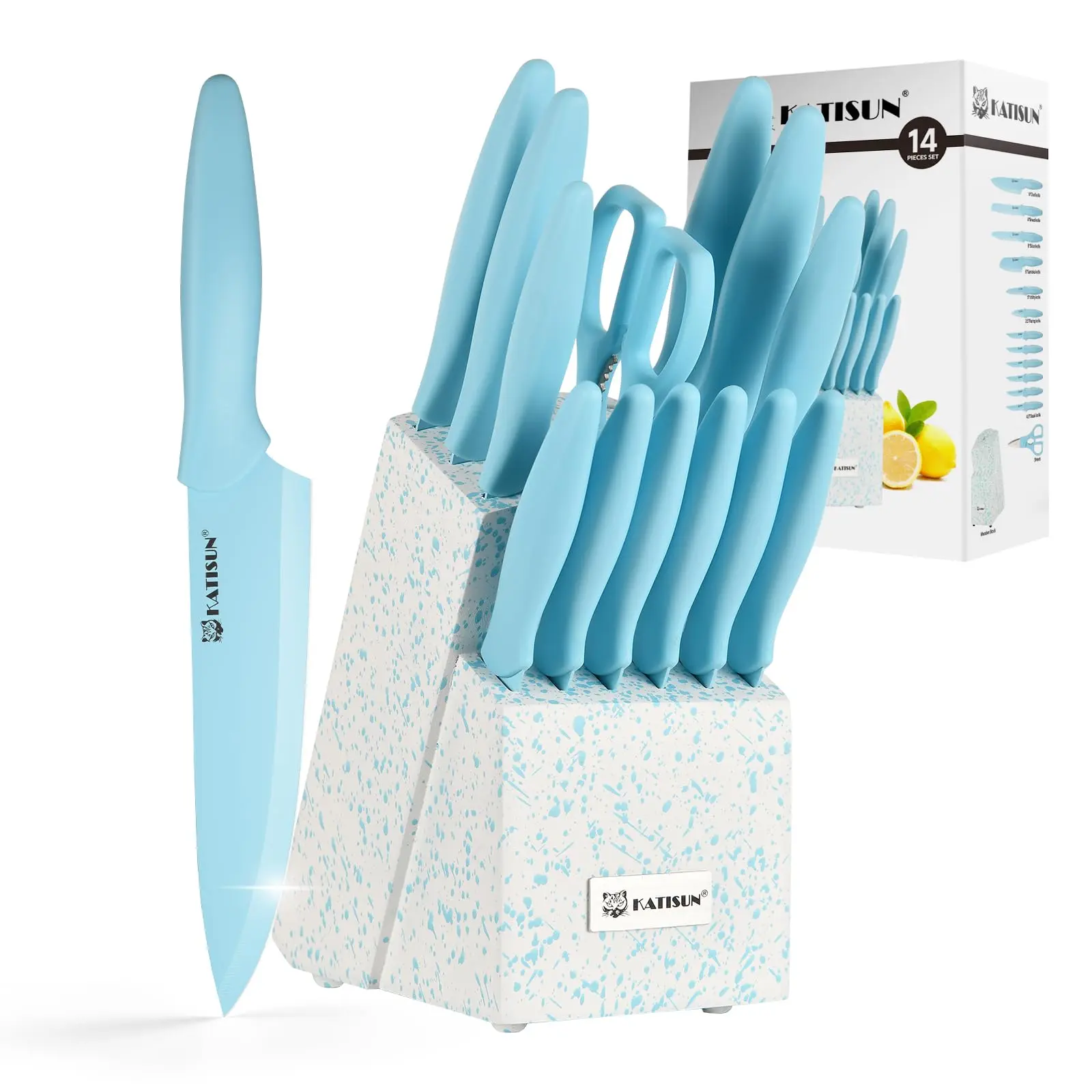 14-Piece Non-Stick Kitchen Knife Set with Block - Blue