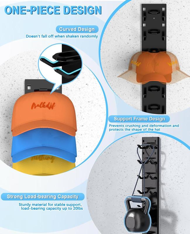 2  Pack Hat Organizer Wall Mounted Adhesive Cap Rack Holds 18 Hats for Closet Door Bedroom Black or White