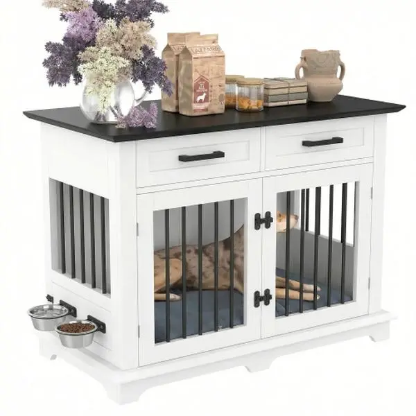 Bellemave Large Wooden Dog Crate Furniture End Table - Walnut Brown MDF Wood-Metal, Chew Resistant All-Seasons Indoor Kennel for Medium-Large Dogs with 2 Storage Drawers, 360° Swivel Feeder, Storage Organization for Living Rooms, Bedrooms