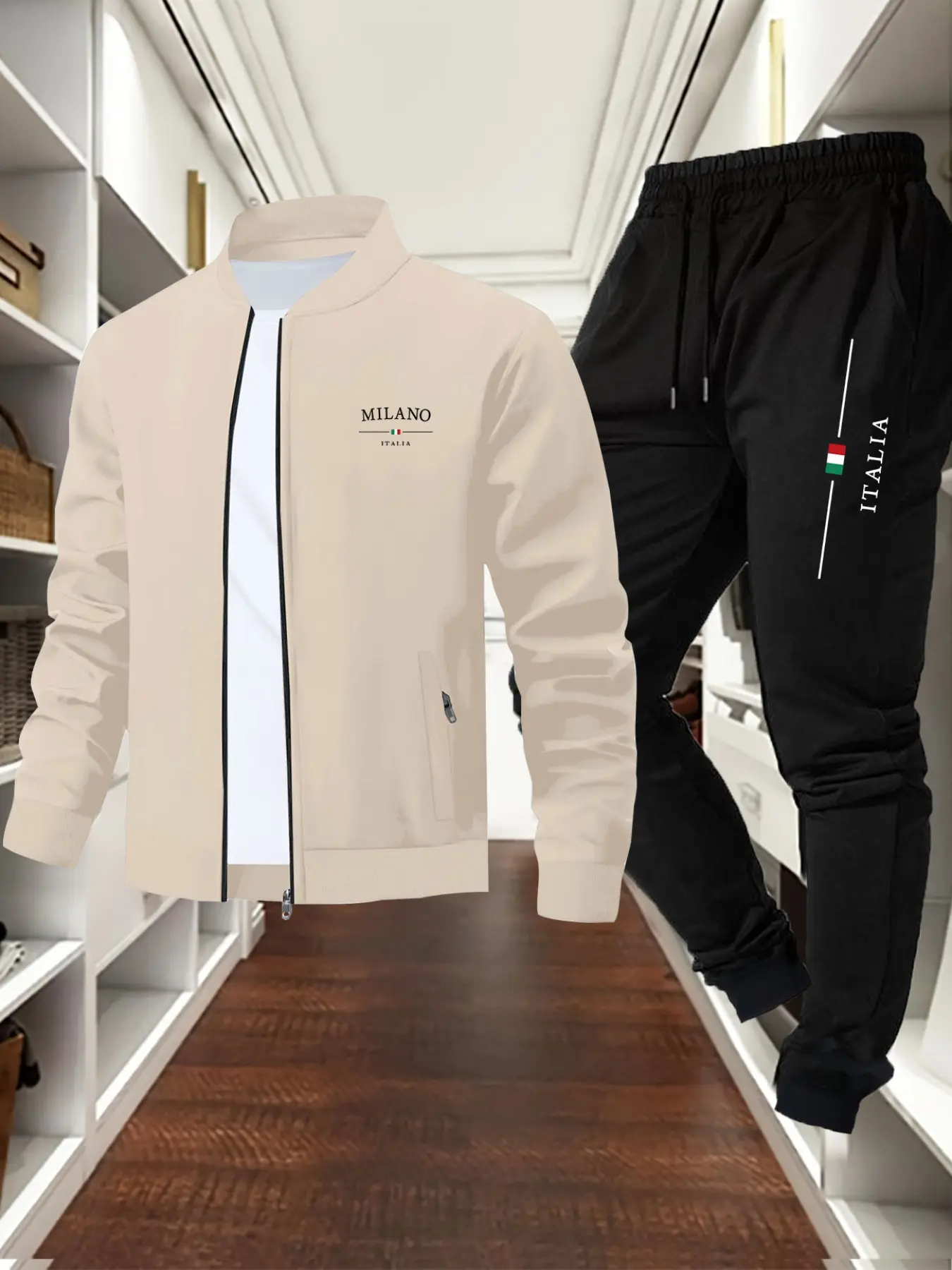 Men's Autumn Winter Casual Stand Collar Jacket Pants Set, Letter Print Business Style Outdoor Sports Coat + Drawstring Leisure Pants