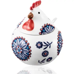 Ceramic Salt Cellar with Lid and Spoon, 13 oz Large Chicken Salt Jar, Chicken Sugar Containers for Countertop, Decorative Kitchen Holder for Coffee, Pepper, Seasonings, Spices, Candy(Blue)