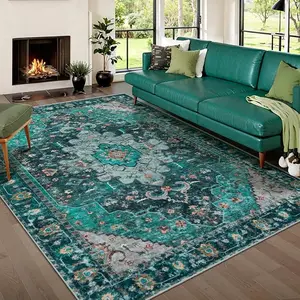 Boho Bedroom Area Rug Teal Rug Non-Slip Oriental Entry Throw Low-Pile Indoor Floor Carpet for Living Room Laundry Foyer Decor