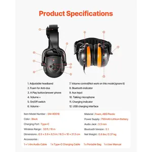 VEVOR Safety Earmuffs, Electronic Ear Muffs with 5.1 Bluetooth Technology Ear Protector, Noise Reduction Headphone NRR23dB, Hearing Protection Earmuffs for Shooting, Manufacturing and Lawn Mowing