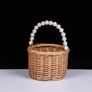 Wicker Rattan Flower Girl Basket,Pearl Handle Wedding Flower Girl Basket for Wedding and Home Decoration