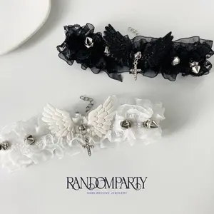 Gothic Lolita Angel Wings Choker & Garter Set | Punk Cross Pendant Lace Necklace | Cyber Garlands Spike Rivet Leg Ring Subculture Jewelry