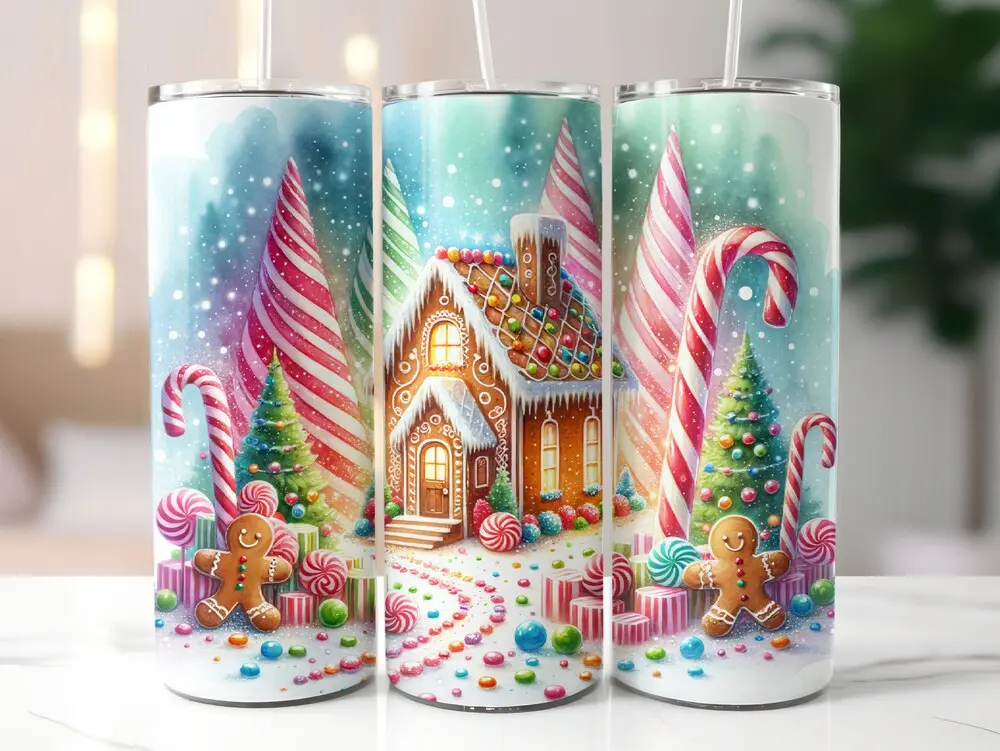 Gingerbread House Peppermint Forest Tumbler 20 oz Skinny Tumbler Sublimation Christmas Tumbler