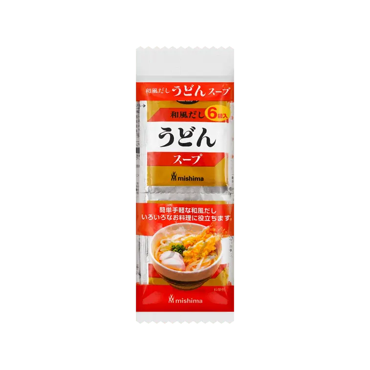 Mishima Udon Soup Base Powder - 8g x 6 Pack, High Protein Ambient Savory Umami Seasoning with Sweet Rice Wine for Quick Udon Noodle Preparation, Contains Soy And Bonito, Salt, Glucose, Monosodium Glutamate, Powdered Soy Sauce (Soybean Powder, Wheat, Salt)