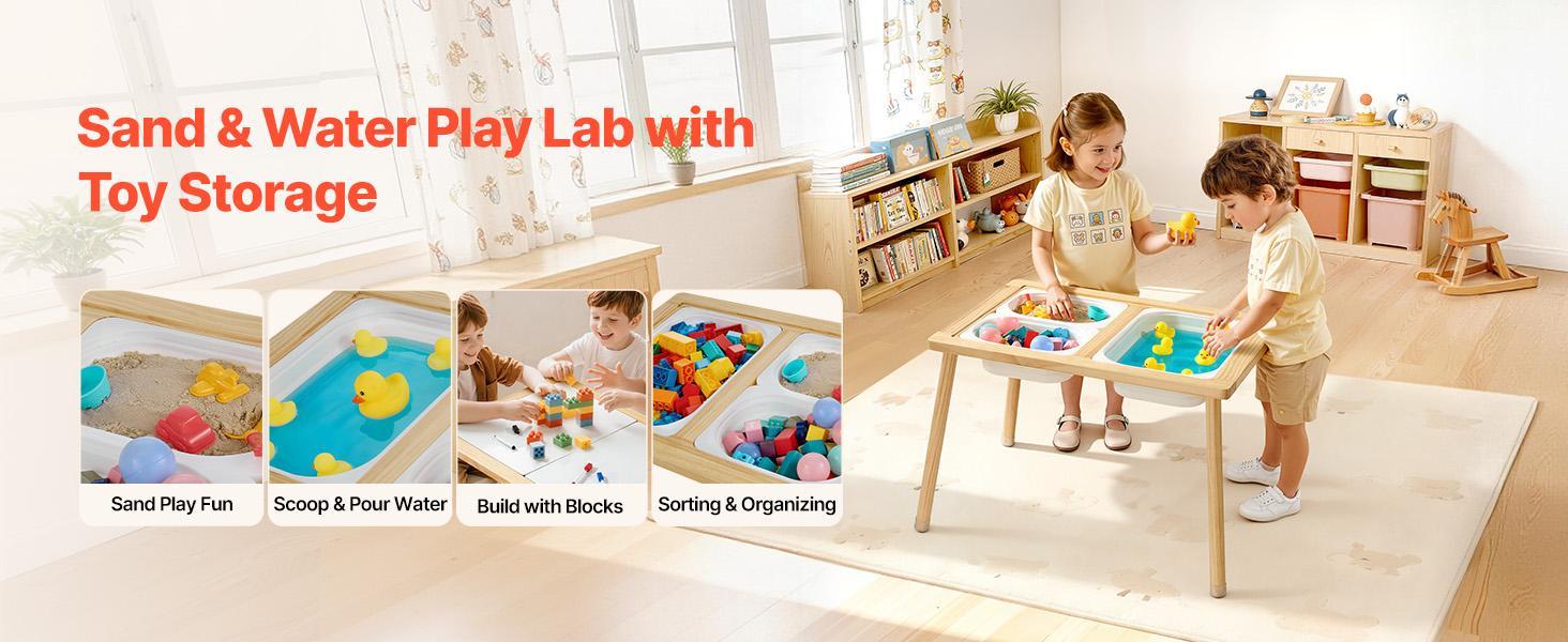 VEVOR Sensory Table for Toddlers, Wooden Kids Activity Table with Reversible Double-Sided Board, Storage Bins, and Non-Slip Feet, for Boys and Girls Playing Sand and Water, Drawing, Studying, Dining