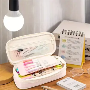 Large Capacity Simple Dual-Layer Expandable Pencil Case, Foldable Stationery Bag, Japanese Korean Style School Supplies Organizer