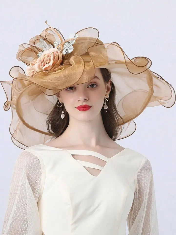 HIMESPORT Elegant Floral Wedding Bridal Fascinator Hat - Wide Brim Sheer Organza Headpiece For Church Ceremonies, Spring Races & Kentucky Derby 2025 - Women's Fashionable Dressy Occasion Caps
