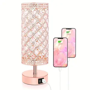 Touch control crystal table lamp, with 2 USB ports, three-level dimming bedside lamp, with decorative crystals, small table lamp, suitable for bedroom, living room, office, includes LED bulb