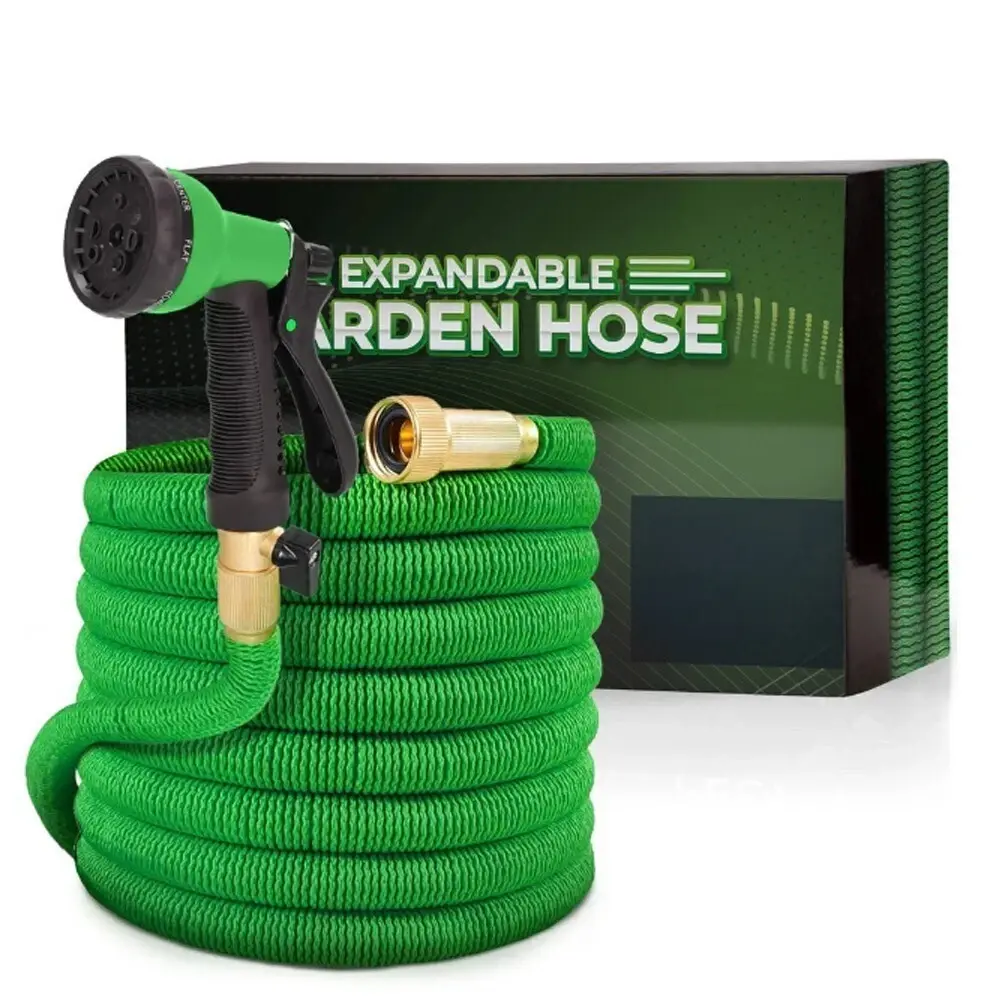 Green Non-Expanding Flexible Garden Hose - 50ft/75ft/100ft, 10 Function Nozzle, 3-12bar, Lightweight, Kink-Free, Sturdy, Leak-Proof, Portable, Polyester Fabric, for Car Wash, Lawn