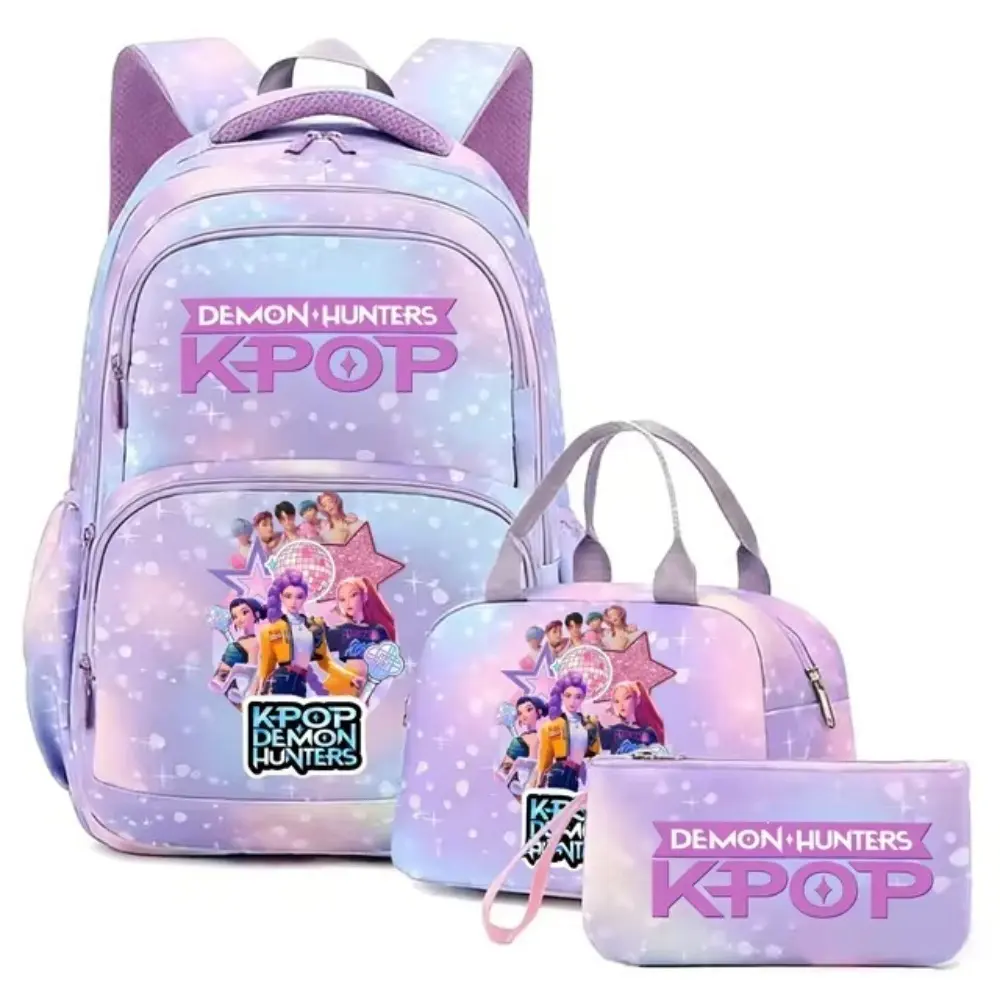 Pastel Galaxy Dot Anime KPOP 3‑in‑1 Backpack Kit,17 Inch Wear‑Resistant Multi‑Pocket Girls School Backpack Set With Lunch Bag & Pen Case, Fashion Travel Bookbag for Young Ladies
