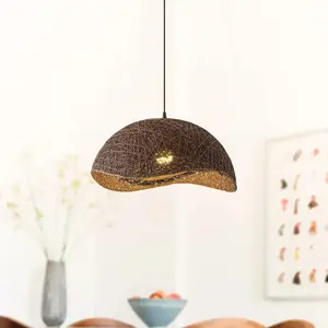 20 Inch Sandy Bohemian Handwoven Rattan Pendant Light, Boho Wicker Island Hanging Lamp for Kitchen Dining