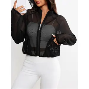 Sporty Women's Solid Color Hollow Out Raglan Sleeve Zip Up Sports Jacket, Sports Long Sleeve Mock Neck Sheer Outerwear for Gym Workout Running