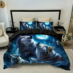 3pcs Wolf Howling at Moon Bedding Set Wolf Design, Includes Duvet Cover and Two Pillowcases, Digital Print, High-Quality Polyester Fabric
