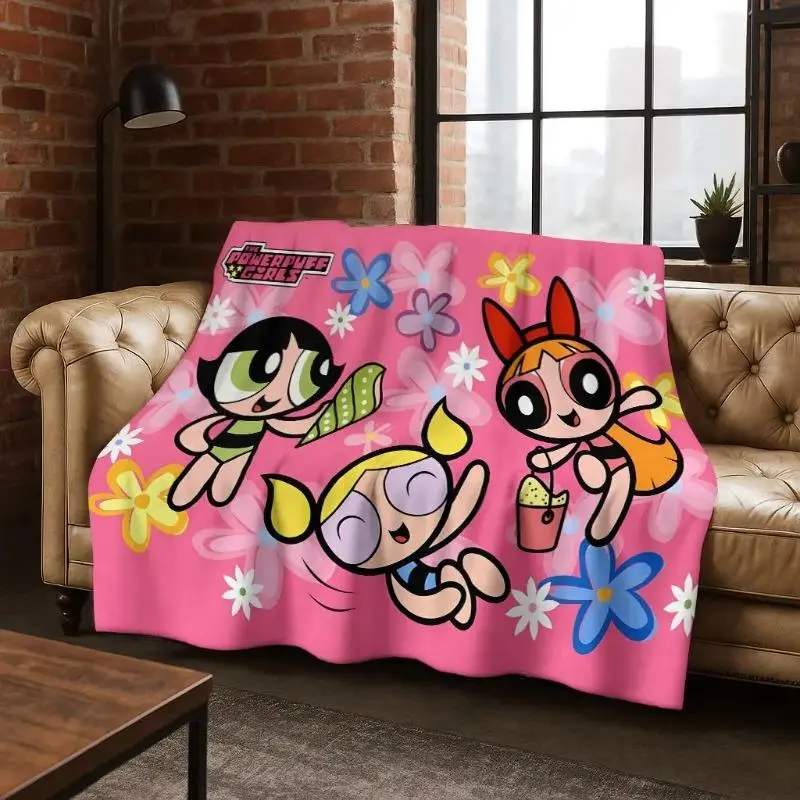 Powerpuff Girls Cute Cartoon Throw Blanket, 100% Brushed Flannel Ultra Soft Cozy Warm, for Bedroom Couch, Girlfriend & Cartoon Fans Gift, Girly Room Accessories Room Decor (Blossom Bubbles Buttercup Style)
