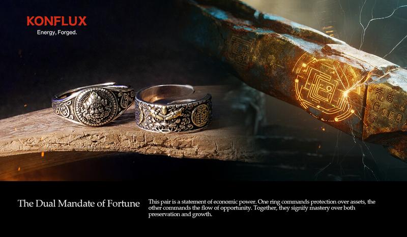KONFLUX Pi Xiu Huang Caishen Ring Set Wealth Gods Duo Chinese Mythology Jewelry Gift Set For Men Business