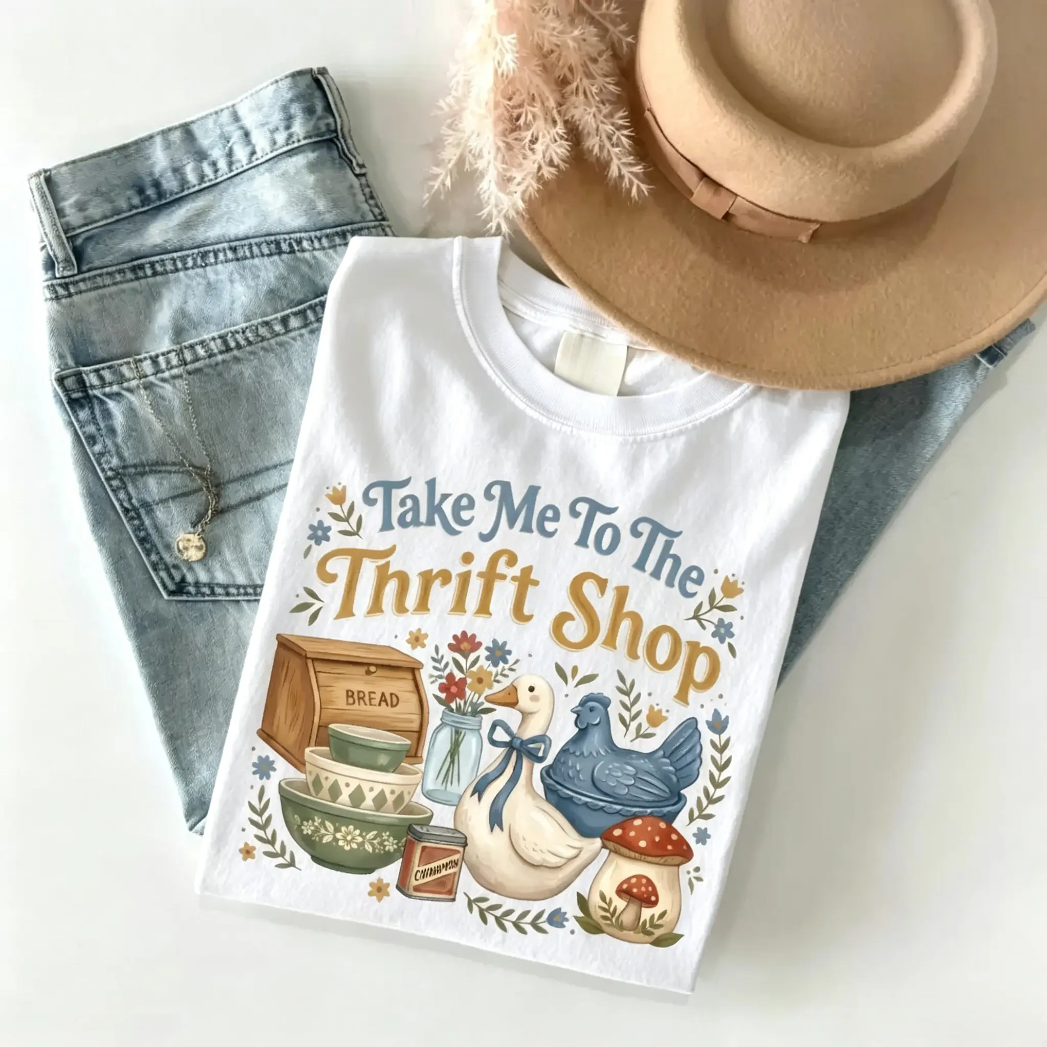 Women's Casual Short-Sleeve Round Neck Streetwear Sports Top - "Take Me To The Thrift Shop" Vintage Thrifting Funny Goose Graphic Tee, Shortsleeve, Tshirt, All Seasons, Short Length, Sporty Chic, Vintage Print, 3Xl, Multi-Size, Goose‑Themed Tee