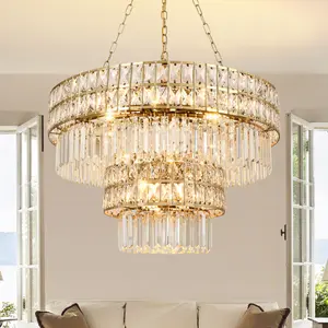 16-Light Modern Gold Round Chandelier, 2-Tier Crystal Glass Chandeliers, for Living Room, Foyer, High Ceiling Staircase, Dining Room, Luxury Adjustable Hanging Chandelier