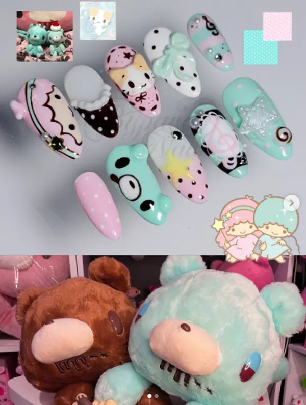 Pastel Kawaii Press On Nails, Mint Pink 3D Bear Cake Candy Almond Fake Nails, Cute Glossy Nail Set Handmade Gift for Her