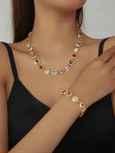 Women's Elegant Colorful Cubic Zirconia Decorated Necklace & Bracelet, Exquisite Trendy Jewelry Set, Fashionable Jewelry Set for Party Decoration, Matching Jewelry Set, Teardrop Jewelry Set