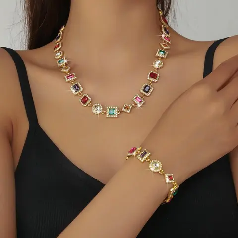 Women's Elegant Colorful Cubic Zirconia Decorated Necklace & Bracelet, Exquisite Trendy Jewelry Set, Fashionable Jewelry Set for Party Decoration, Matching Jewelry Set, Teardrop Jewelry Set, Necklace and Bracelet Set