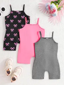 Girl's Solid  & Bow Print Jumpsuits, Casual Sleeveless Jumpsuits   for Daily Wear, Kids Summer Clothes