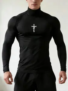 Gothic Cross & Rose Compression Shirt for Men | Turtleneck Long Sleeve Athletic Base Layer | Dark Aesthetic Streetwear for Gym & Fitness Enthusiasts