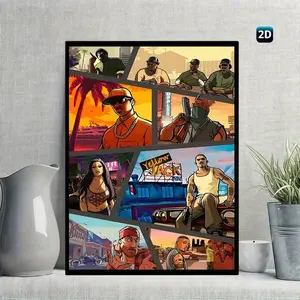 2D Flat 1pc Canvas Art Print - "GTA" Style Retro Video Game Poster, Indoor Wall Decor for Home Office, Bedroom, Living Room, or Dining Room, Perfect Gift Idea, Office Artwork |   Vibrant Wall Art |   Gaming Room Decor
