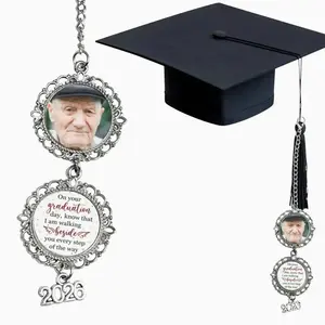 Custom Graduation Tassel Photo Charm with Angel Wings, Personalized Message Memorial Graduation Gift for Her