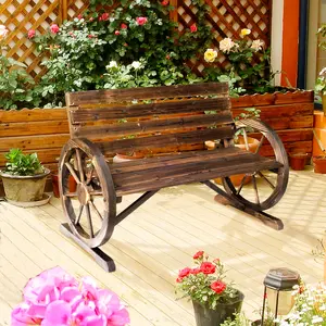 41" Carbonized Wooden Wagon Wheel Bench, Rustic Weather-Resistant Outdoor Patio Furniture, 2-Person Slatted Seat Bench with Backrest