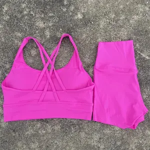 Yoga Clothes Set 2 Piece Gym Sports Shorts Set Women Cross Back Bra Top High Waist Shorts Fitness Suit Running Workout Tracksuit Breathable Activewear