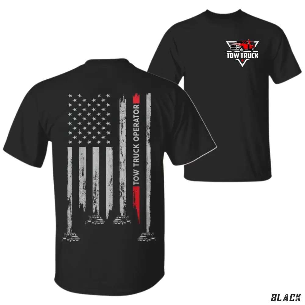 Tow Truck Operator T-Shirt, Distressed American Flag with Red Stripe & Wrecker Graphic, Heavy Duty Work Shirt for Roadside Heroes & Towing Crew, Gift for Tow Truck Drivers