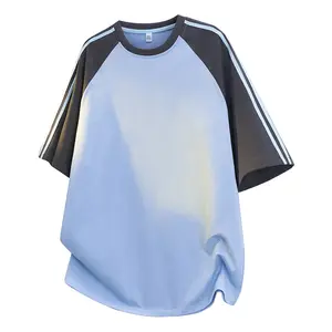 Men’s retro color-block spliced long-sleeve T-shirt with raglan sleeves and crew neck for summer; loose fit, versatile basic top with a casual, comfortable style—simple and skin-friendly.