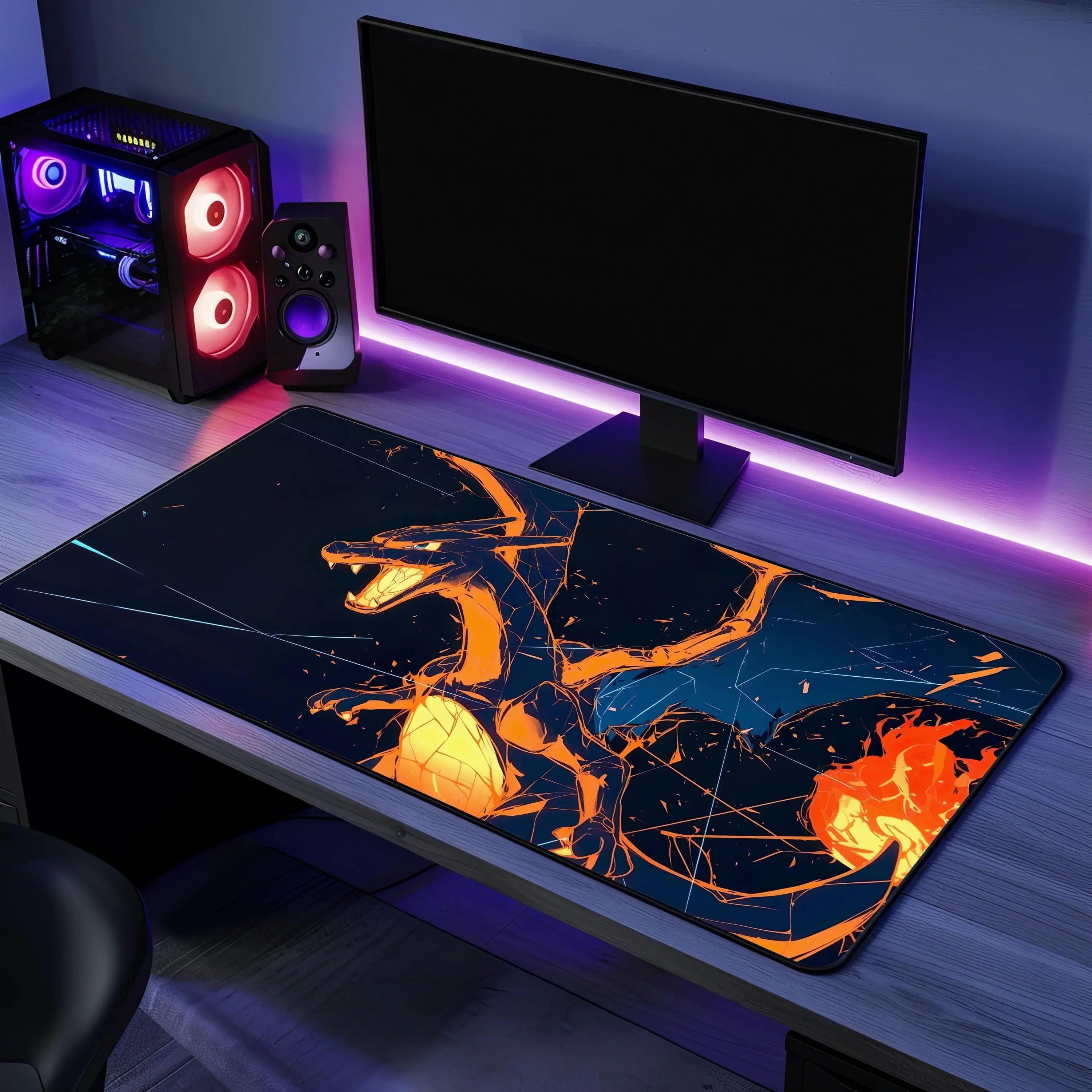 CCharizardd Playm Red Blue Yellow Inspired Gaming Deskmat, Anime Mousepad Game Pad