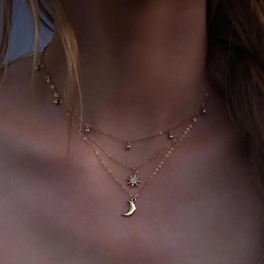 Stylish Moon Star Bead Multilayer Necklace