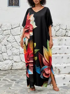【Plus Size】Floral Print Side Split Long Dress, Boho V Neck Short Sleeve Dress for Beach Holiday Vacation, Women's Clothes for All Seasons, Casual Wear