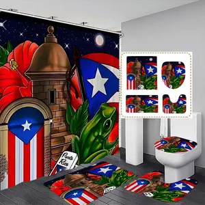 Creative Castle & Frog Pattern Shower Curtain Set, Includes Hooks, Bath Mat, Toilet Cover, U-Shaped Pad, Ideal Gift for Family & Friends, Bathroom Decoration Accessories