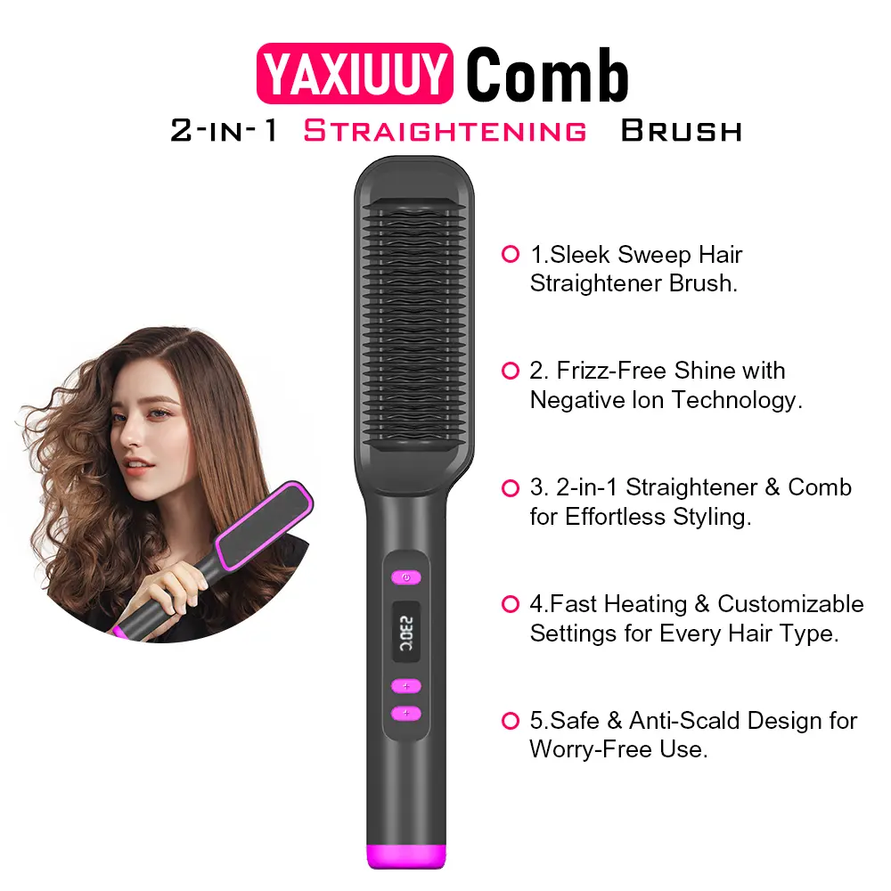 YAXIUUY 2-in-1 Straightening Brush & Comb - 160°-220° Adjustable Heat + Negative Ion | Frizz-Free Shine in 90 Sec | Salon Smooth Hair at Home for Women & Men, Travel-Ready
