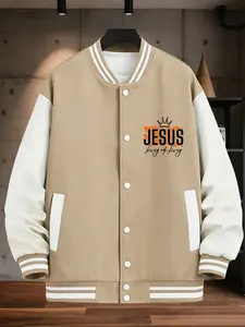Men's Casual Sport Jacket, Light Stretch Regular Fit, Baseball Collar, Letter Jesus Cartoon Crown Print, Button Closure