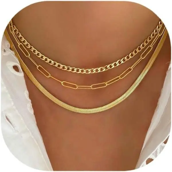 Gold Layered Necklaces for Women, 14K Gold Plated Dainty Gold Chain Choker Necklace Stack, Herringbone Gold Necklaces Set