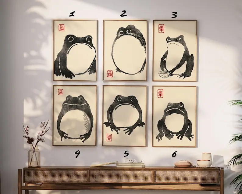 Set of 6 Matsumoto Hoji Frog Print, Matsumoto Hoji Frog Poster, Japanese Frog Print, Japanese VIntage Wall Art, Japanese woodblock print