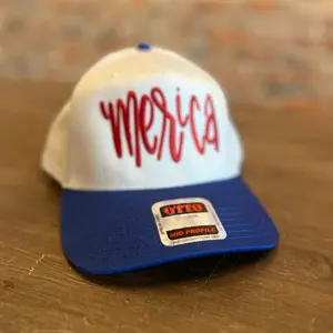 Otto 'Merica Embroidered Patriotic Hat - Mid Profile Design with Red Lettering on White and Blue Cap